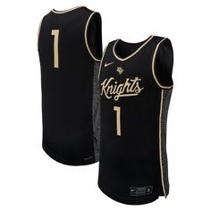 a black basketball jersey that has the number 1 on it and gold trimmings