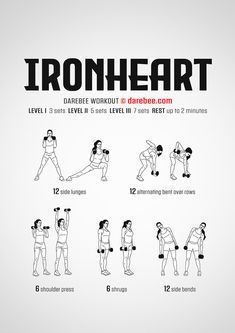 the iron heart workout poster shows how to do it with dumbble arms and legs