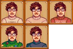 an old - school video game with six different avatars, each wearing glasses and the same outfit