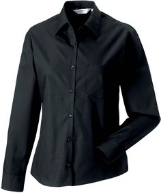 Camisa de senhora de manga comprida em popeline-Preto-XS-RAG Tailors Black Button Up Shirt, Cotton Poplin Shirt, Poplin Shirt, Black Button, Button Up Shirt, Cotton Poplin, V Shape, Color Matching, Women Long Sleeve