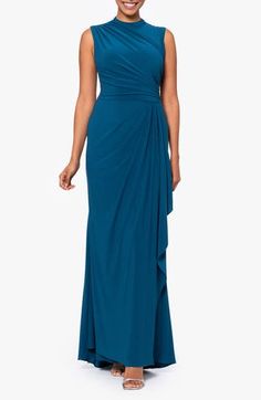 Ruching at the waist creates the artfully draped silhouette of a stunning sleeveless gown that's ready for your next occasion. 62" length (size 8) Hidden back-zip closure Jewel neck Sleeveless Lined 95% polyester, 5% spandex Dry clean Made in the USA of imported fabric