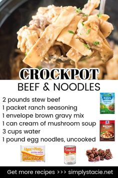 the recipe for crockpot beef and noodles is shown in this advertizer