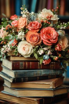 a stack of books with flowers on top