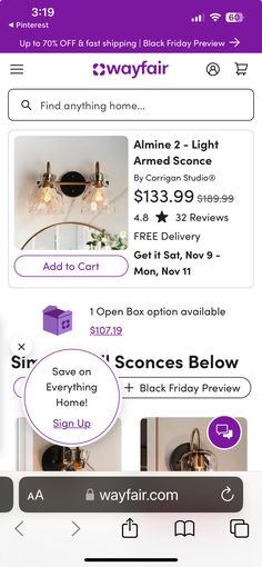 an iphone screen showing the price and details for a new light fixture, which is currently on sale