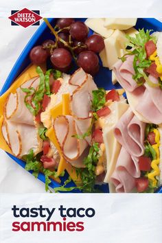 an advertisement for tasty taco sandwiches with ham, cheese and grapes