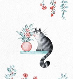 a watercolor painting of a cat sitting on a shelf with flowers and plants in it