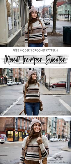 three different images of a woman wearing a hat and sweater with text overlay that reads free modern crochet pattern mount trapper sweater