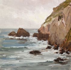 an oil painting of the ocean and rocks