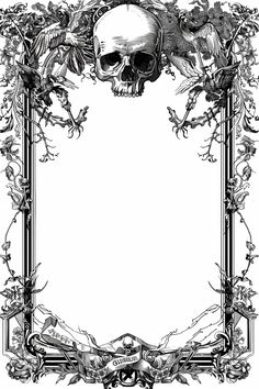 an ornate frame with a skull and flowers