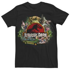 a black t - shirt with an image of dinosaurs in the background