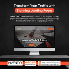 a computer screen with the words transform your traffic with stunning landing pages in orange and white