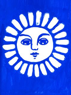 a blue and white drawing of a sun face