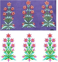 four different images of flowers on a purple background