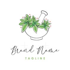 the logo for brand name tagline with a plant in a mortar bowl and sprouts