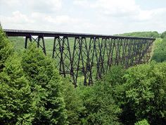 an old train bridge over a river in the middle of some trees and bushes on either side