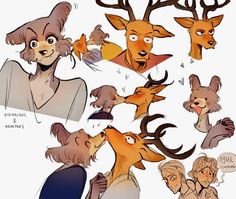 some drawings of deer heads and people with different facial expressions on their faces in various poses