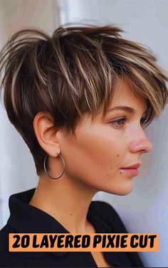 Ready for a bold transformation? Check out these 20 gorgeous layered pixie cuts that will completely change your look. Ideal for a fresh, modern style! Highlighted Short Hair Pixie, Short Hair Asymmetrical Pixie, Short Pixie Haircuts For Straight Hair, Pixie Cut Highlights, Longer Pixie Haircut Fine, Brunette Pixie With Highlights, Highlights On Short Hair, Pixie Haircuts For Fine Hair, Long Pixie Haircut