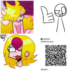 some cartoon character drawings with qr code on them and an image of a woman's face