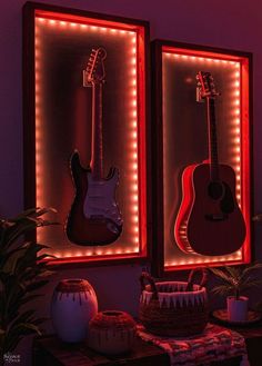 there are two guitars on the wall with lights behind them and a basket next to it