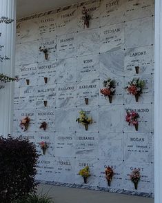 flowers are placed on the side of a wall