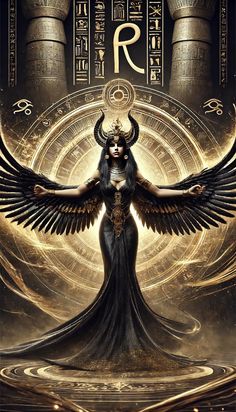 an egyptian woman with large black wings standing in front of a golden circle and columns