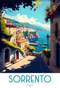 an image of a poster with the words sorrento italy on it's side