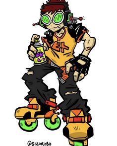 a drawing of a man riding a skateboard with goggles on and holding a bottle