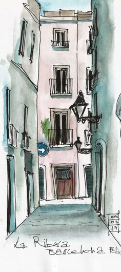 a drawing of an alleyway in the french rivierie with buildings and street lamps