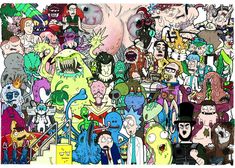 a large group of cartoon characters are depicted in this drawing by artist jeff vandermeer