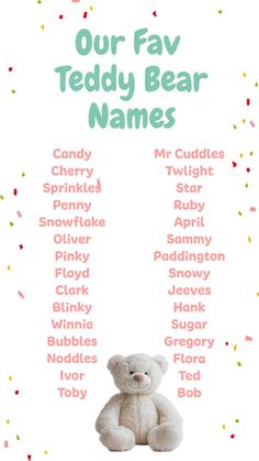 a teddy bear with the words our fav teddy bear names