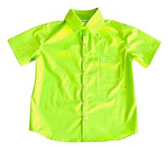 Neon green fluorescent button down shirt Have your little guy looking sharp for their adventure to school! Specially neon bright design and excellent craftsmanship ensure a quality product that's perfect for your little one! 100% cotton Care Instructions: machine wash with phosphate free detergent on a warm or cool delicate setting before use. Tumble dry low or line-dry. Some shrinkage may occur.  Neon retro 80s 90s kids school Green Shirt For School In Summer, Green Spring Shirt For School, Green Shirt For School In Spring, Green Spring School Shirt, Green Short Sleeve Glow In The Dark Top, Green Short Sleeve School Shirt, Green Short Sleeve Shirt For School, Neon Retro, Bright Design