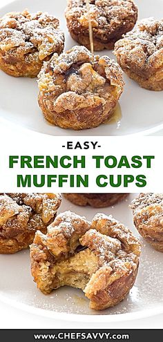 french toast muffin cups on a white plate with the title overlay reading easy