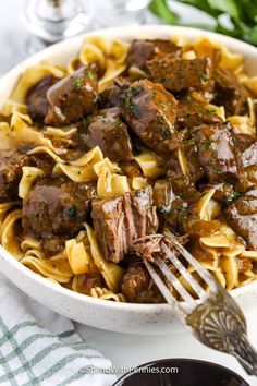 Beef and Noodles is an easy twist on beef stroganoff! Beef is slow cooked in rich gravy & served over egg noodles or mashed potatoes. Beef Tips And Noodles, Egg Noodle Recipes, Leftover Beef, Spend With Pennies, Stir Fry Dishes, Beef Casserole Recipes, Beef Tips, Crockpot Beef, Beef And Noodles