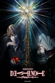 an anime movie poster with two people standing in front of a cross and the words, d