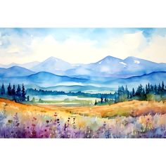 a watercolor painting of mountains in the distance with wildflowers on the foreground