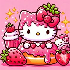 a hello kitty wallpaper with cupcakes and strawberries