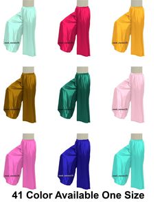 Satin Color Wide Palazzo Pants Leg Trousers Waist Halloween Women's Wear S25-1 Casual Wide Leg Bottoms For Halloween, Casual Stretch Bottoms For Halloween, Multicolor Wide-leg Party Pants, Stretch Bottoms For Halloween Party, Fall Stretch Wide Leg Parachute Pants, Stretch Wide Leg Parachute Pants For Fall, Halloween Wide Leg Stretch Bottoms, Halloween Stretch Wide Leg Bottoms, Wide Leg Multicolor Pants For Party