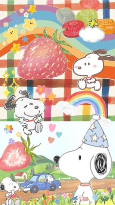 a drawing of a dog wearing a birthday hat and standing next to a rainbow, strawberry, car, and truck