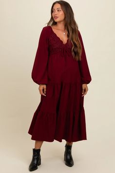 Burgundy Contrast Lace Bodice Tiered Maternity Midi Dress – PinkBlush Maternity Dresses Fall, Maternity Winter Dresses, Maternity Midi Dress, Winter Maternity, Casual Maternity, Lace Bodice, Everyday Dresses, Maternity Clothes, Blush Pink