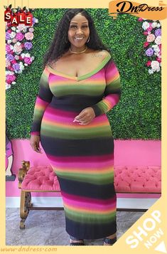 Fall Plus Size Print Stripes Long Bodycon Dress Chic Multicolor V-neck Bodycon Dress, Multicolor V-neck Bodycon Dress, Multicolor Long Sleeve Bodycon Dresses, Multicolor Bodycon Dress With Long Sleeves, Multicolor Bodycon Long Sleeve Dresses, Fall Plus Size, Long Bodycon Dress, Trendy Fashion Outfits, Curvy Girl Outfits