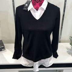 Nwt. Adrianna Papell Sweater Top With Built In White Button Up B2 Classic Black Blouse For Layering, Black Shirt For Layering, White Button Up, Adrianna Papell, Sweater Shirt, Sweater Top, Scoop Neck, Button Up, Sweaters For Women