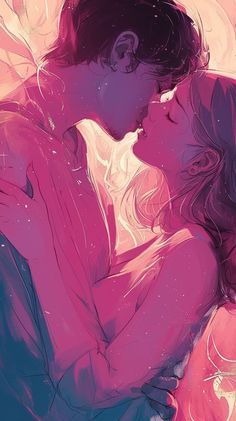 two people kissing each other in front of a pink background with stars and swirls