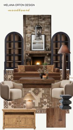 a living room filled with furniture and a fire place in the middle of it's wall