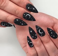 @zenaidadoesbeauty on Instagram: “I’m 100% that witch ✨💁🏻‍♀️ Hand Painted Art* . . #nails #nailtech #nailart #nailartist #naildesign #handpainted #gelx #longnails…” Nails Ideas Stiletto, Moon Inspired Nails, Nails Short Stiletto, Short Stiletto, Witch Nails, Witchy Nails, Goth Nails, Edgy Nails, Art Nails