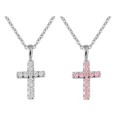 Made In USA! Lifetime Manufacturer Warranty For DefectsChildren's fine jewelry - This beautiful sterling silver necklace features a cross pendant accented with 11 pink or white cubic zirconia. The cross is on a 15 inches trace chain with lobster claw clasp. A delicate gift for girls from toddler to preteen for any special occasion such as christening, baptism or communion, etc. Age (Yrs): 2-16 (Age recommendation is approximate) Metal: 925 Sterling Silver Chain Type: Trace Chain Clasp: Lobster C Pink Necklaces With Diamond Accents For Gift, Pink Necklace With Diamond Accents Gift, Pink Cross Pendant Jewelry As Gift, Pink Cross Pendant Necklace For Gift, Pink Cross Necklace For Gift, Pink Cross Necklace For Gifts, Pink Sterling Silver Necklace With Diamond Accents, Pink Sterling Silver Cross Jewelry, Pink Cross Sterling Silver Jewelry