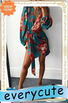 Fashion Print Split Joint V Neck Waist Skirt Dresses Robe Outfit Fashion, Long Sleeve Elegant Dresses, Long Sleeve Dresses, Style Upgrade, Neck Wrap, Fashion Pattern, Lantern Sleeves, Waist Dress, Women's Fashion Dresses