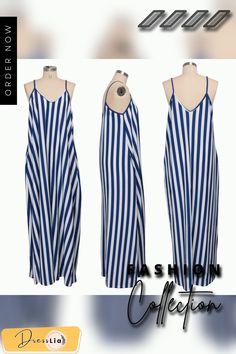 Casual Loose Striped Print Sleeveless V-neck Dress Striped V-neck Sundress, Summer Sleeveless Lined Maxi Dress, Chic V-neck Spaghetti Strap Beach Dress, Chic Spaghetti Strap V-neck Beach Dress, Summer Sleeveless V-neck Lined Dress, Sleeveless V-neck Summer Dress Lined, Sleeveless Lined Maxi Dress For Vacation, Summer Lined Sleeveless Sundress, Summer Sundress Sleeveless And Lined