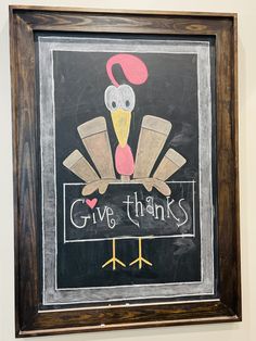 a chalkboard drawing of a turkey with the words give thanks written on it's back