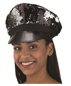 This silver and black flip sequin cap with black brim is perfect for disco, 70's, military, police, 80's, punk looks and more for Halloween, cosplay, disco parties, theme parties, theatrical productions and more. One size fits most adults and larger teens. Other 1970's or punk costumes and accessories are sold separately on our page - subject to availability. Halloween Party Costume Cap, Rave Style Halloween Party Costume Hats And Headpieces, Punk Style Adjustable Mini Hats For Parties, Black Hat For Party Costume Accessories, Black Hat Costume Accessories For Party, Punk Style Party Cap Hat, Black Punk Costume Accessories For Party, Black Party Costume Hat, Punk Style Black Costume Accessories For Party