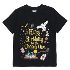 Get ready for a magical birthday celebration in this cool Harry Potter birthday shirt! This stylish short sleeve tee features vibrant artwork of Hogwarts, Hedwig, a wand, the Golden Snitch, and other fun Harry Potter icons with the words "Happy Birthday to the Chosen One" in shiny gold foil. Dressed in this soft and comfy Harry Potter vintage tshirt, your little wizard is ready for an exciting birthday adventure! Harry Potter Birthday Shirt Ideas, Family Harry Potter Shirts, Novelty Graphic Print Birthday T-shirt, Novelty Graphic Print T-shirt For Birthday, Themed Birthday T-shirt With Character Print, Birthday Black T-shirt With Cartoon Print, Novelty Cartoon Print T-shirt For Birthday, Playful Birthday T-shirt With Text Print, Playful Text Print Birthday T-shirt